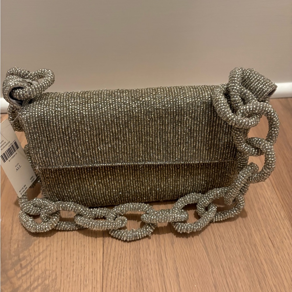 Anthropologie Silver Beaded Clutch with Chain